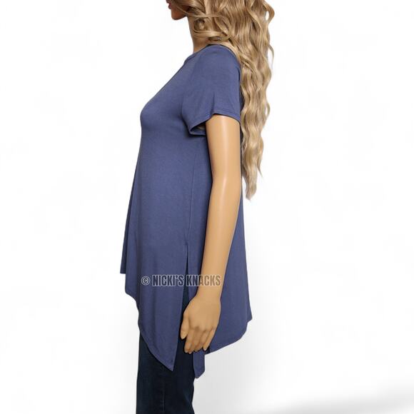 Moa Moa Blue Strappy V Neck Tunic Tee High Low Hem Split Side Seams Top Size M - Picture 3 of 7